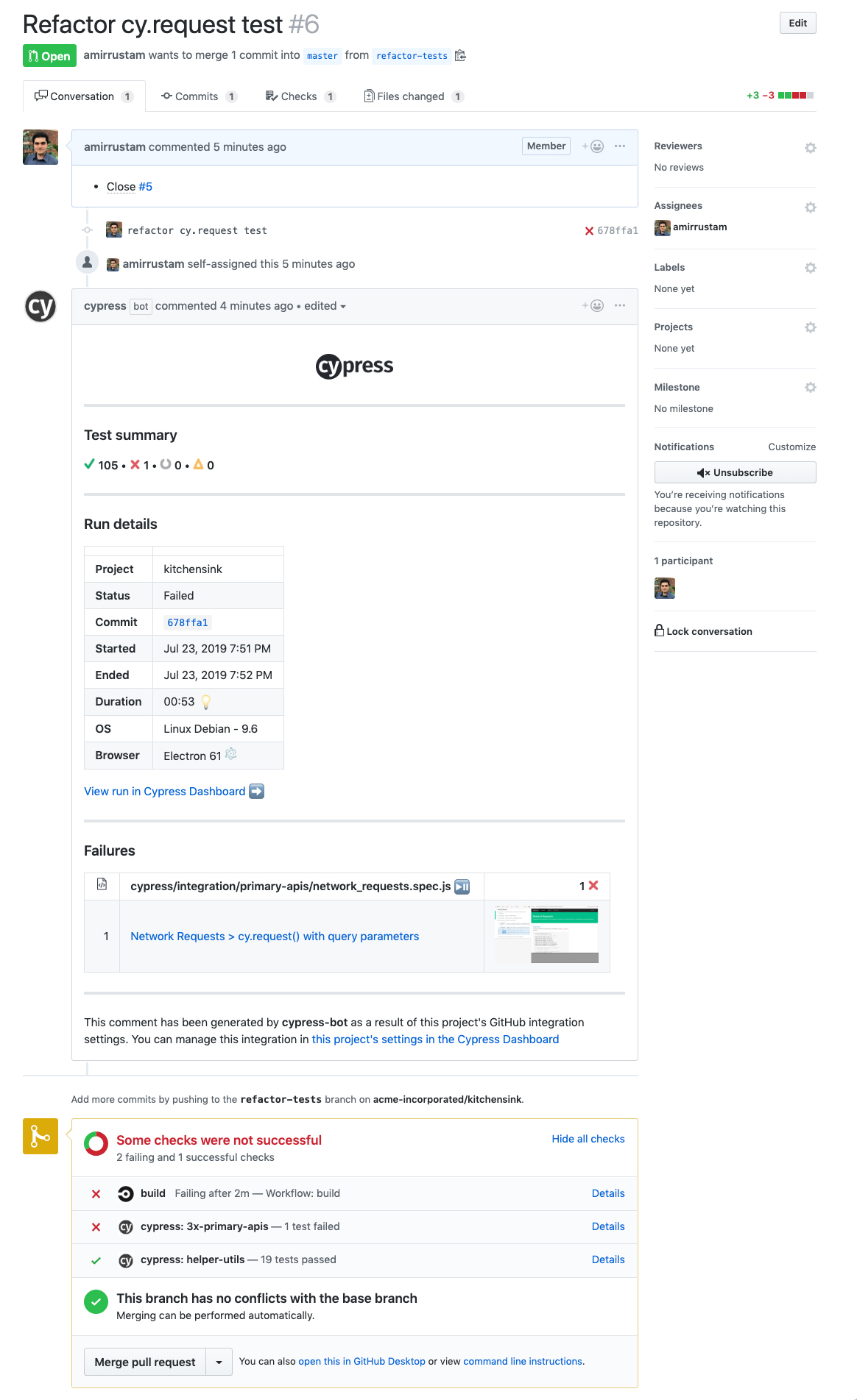 Cypress GitHub App PR